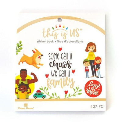planner stickers shown in sticker book packaging featuring colorful family illustrations, sentiments and gold details.