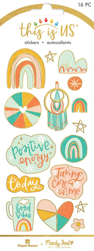foil stickers featuring teal and orange rainbows, hearts and inspirational text with gold details, shown in package.