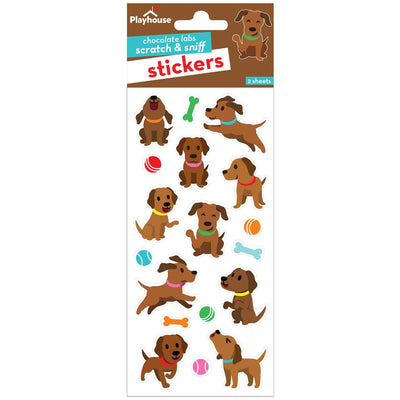 scratch and sniff stickers featuring illustrated brown puppies shown in packaging on white background.