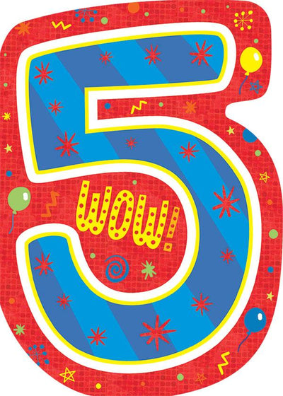 note card featuring a large blue number 5 on a colorful red background shown on a white background.